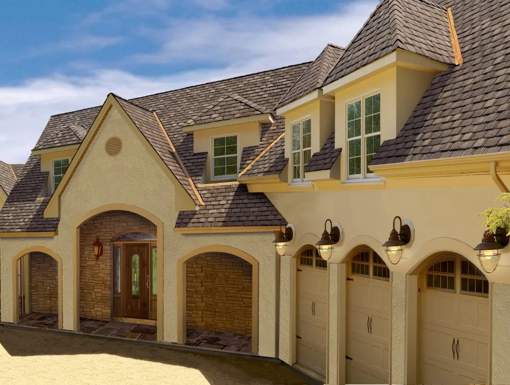 This image shows the exterior of a large, luxurious house with multiple arched garage doors, a steeply pitched roof, and a prominent entryway.