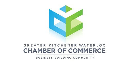 The image shows a logo with stylized, interlocking shapes in blue and green, representing the Greater Kitchener Waterloo Chamber of Commerce, with a tagline underneath.