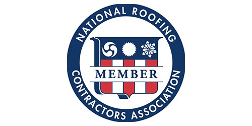 This image displays the emblem of the National Roofing Contractors Association, featuring blue and red colors, an eagle, a shield, symbols of construction, and the word "MEMBER".