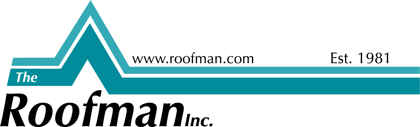 The image displays a logo for "The Roofman Inc." featuring stylized text, a house roof outline, website URL, and the establishment year 1981.