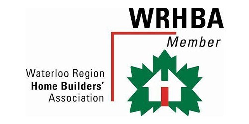 The image shows the logo of the Waterloo Region Home Builders' Association, featuring a graphic house symbol within a green starburst, with the text "WRHBA Member".