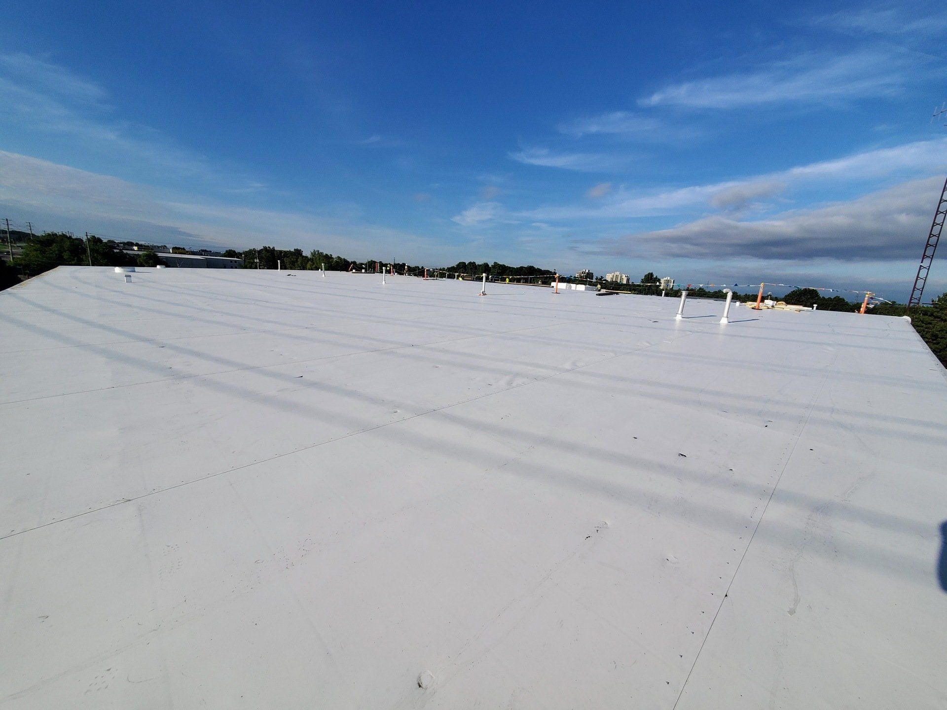 A vast flat white rooftop with ventilation pipes, under a blue sky with scattered clouds, surrounded by a distant view of trees and buildings.