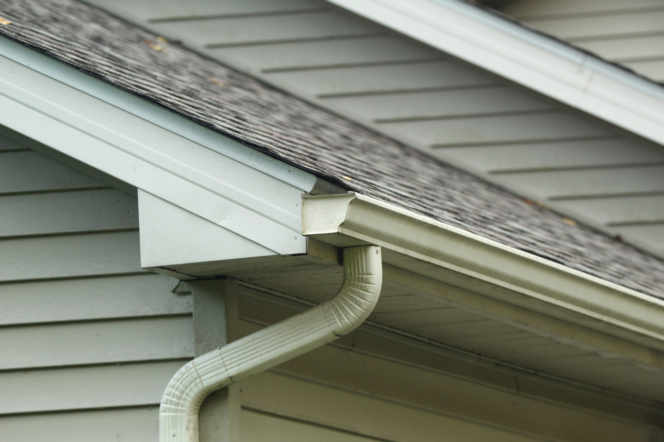 Close-up of a house's corner showing gray shingles, white fascia, and a beige rain gutter against light blue siding. No people are visible.