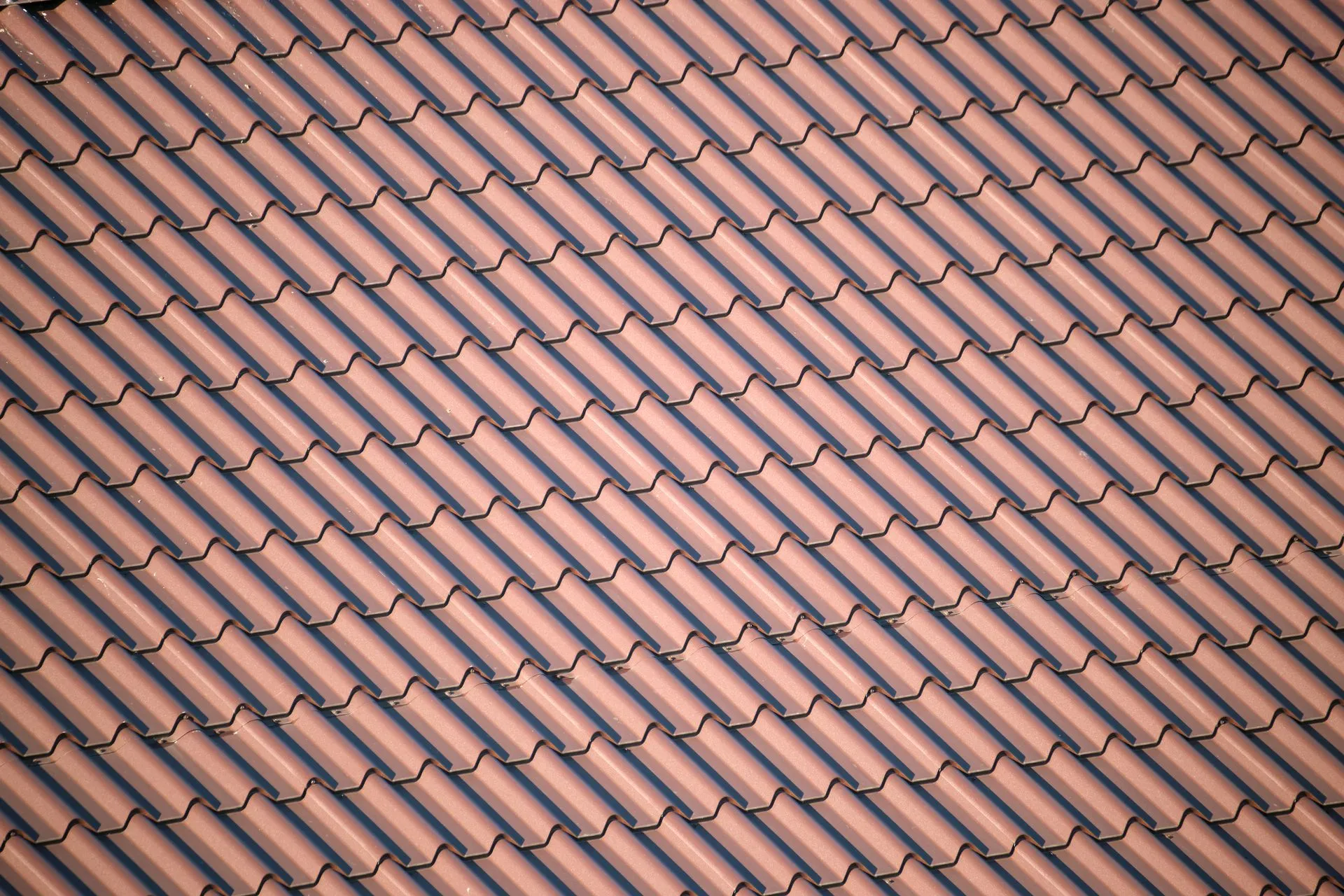 This image shows a patterned roof with terracotta-colored, interlocking tiles, covering the entire frame, displaying symmetry and architectural order.