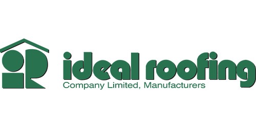 The image shows a logo for "Ideal Roofing Company Limited, Manufacturers" with stylized house and tree as part of the letter "P" in green color.