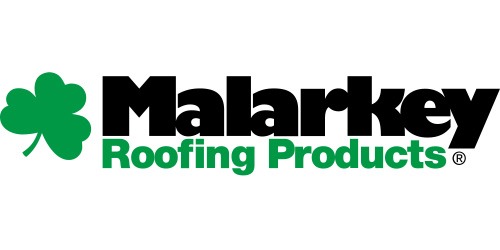 This is a logo featuring a green four-leaf clover next to the bold, black text "Malarkey Roofing Products" with a registered trademark symbol.