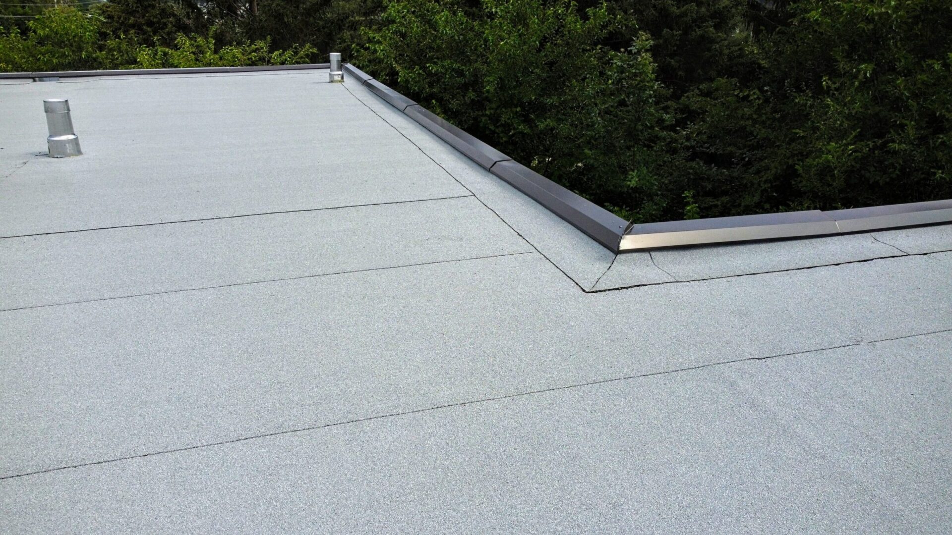 This image shows a flat rooftop with a rubber membrane, featuring metal edging, vent pipes, and a backdrop of lush green trees.