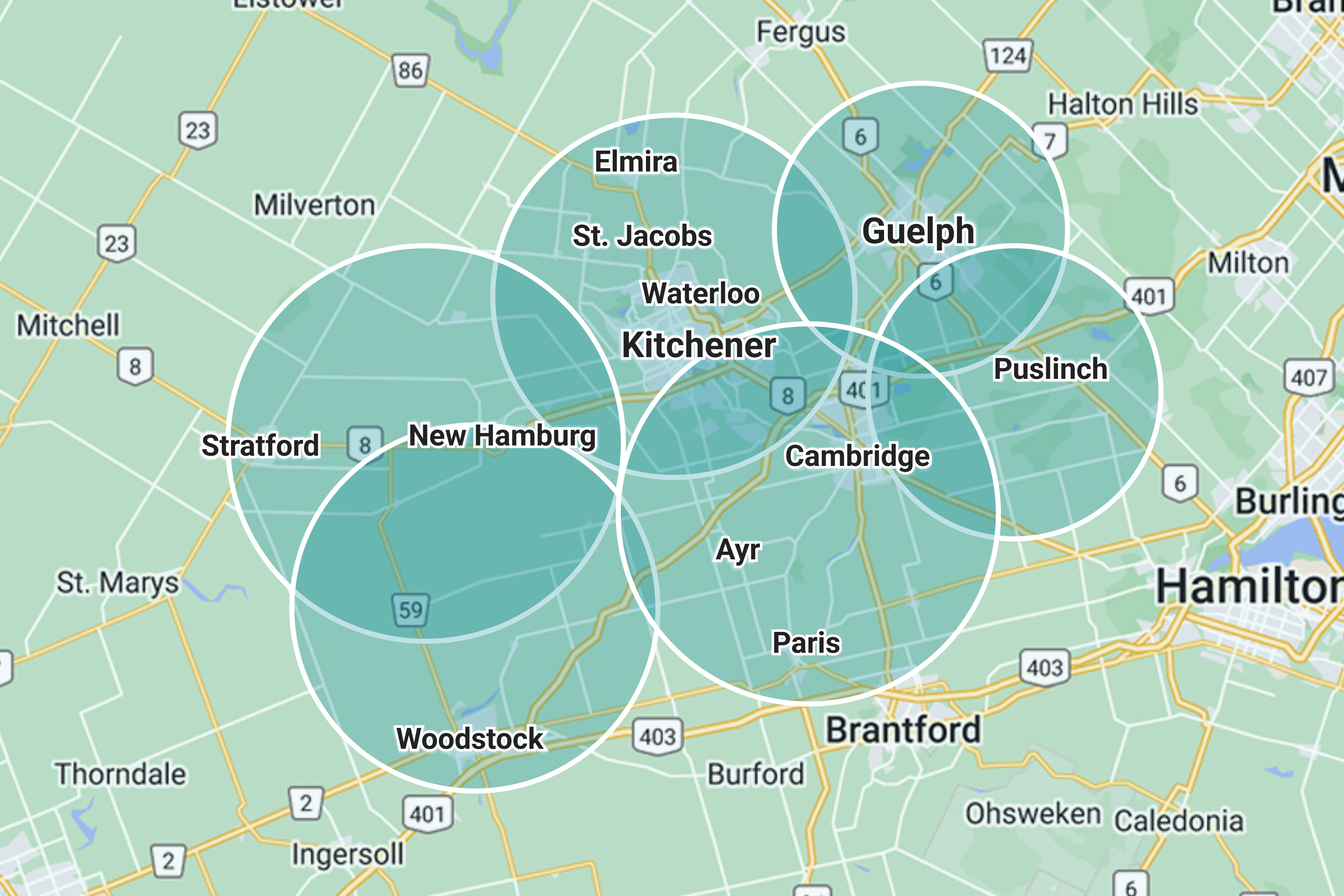 The image shows a map with various towns labeled, such as Kitchener, Waterloo, Guelph, Cambridge, and others, indicating a region probably in Canada.