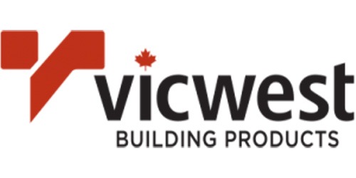 The image shows the logo of Vicwest Building Products, featuring stylized red and grey lettering with a small red maple leaf.