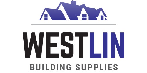 The image shows a logo featuring the word "WESTLIN" in large, bold, blue letters, with the phrase "BUILDING SUPPLIES" below it. Above, a stylized graphic depicts a row of houses.