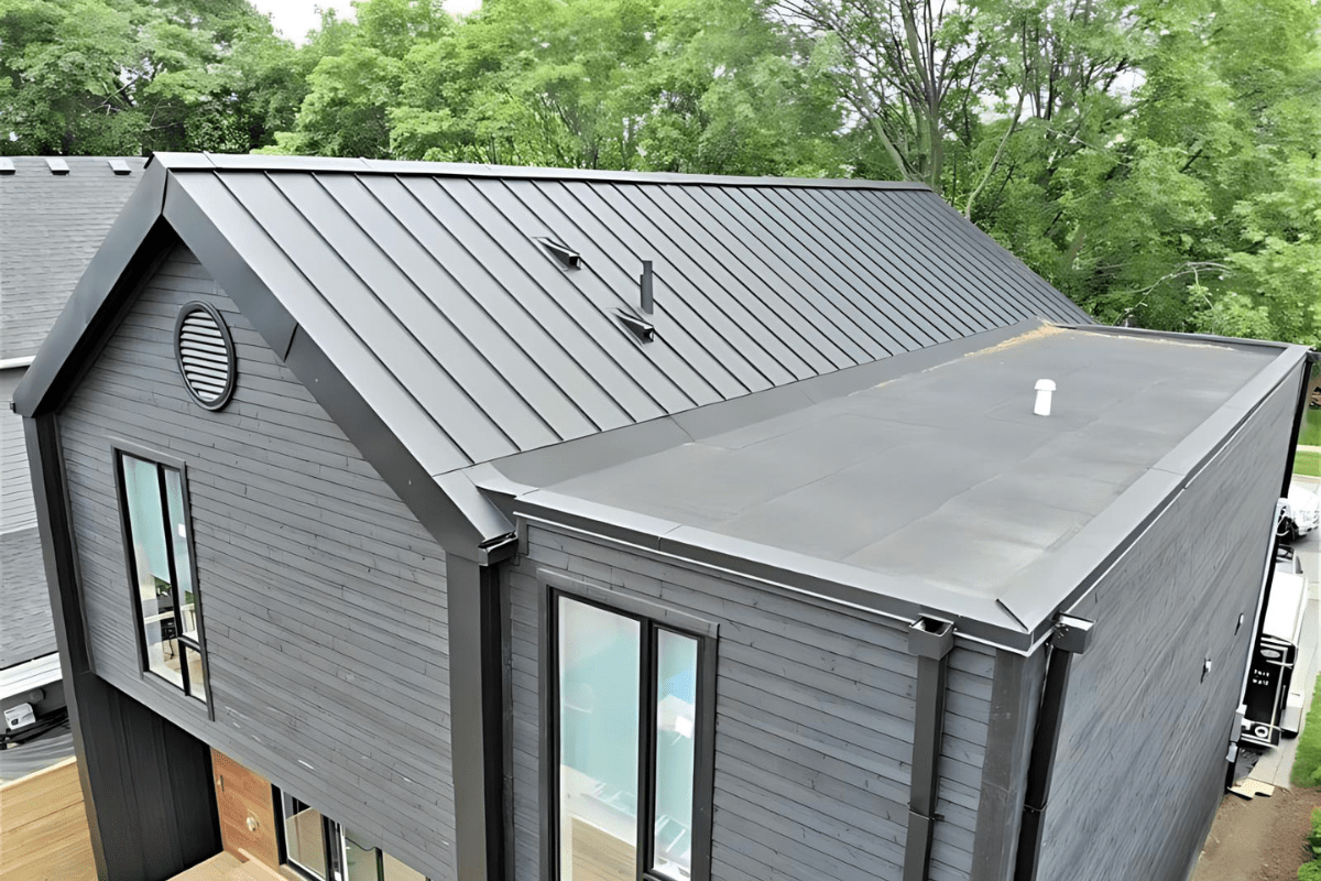 Modern black house with a sleek metal roof, large windows, surrounded by lush green trees. Clean architectural design with minimalistic elements.