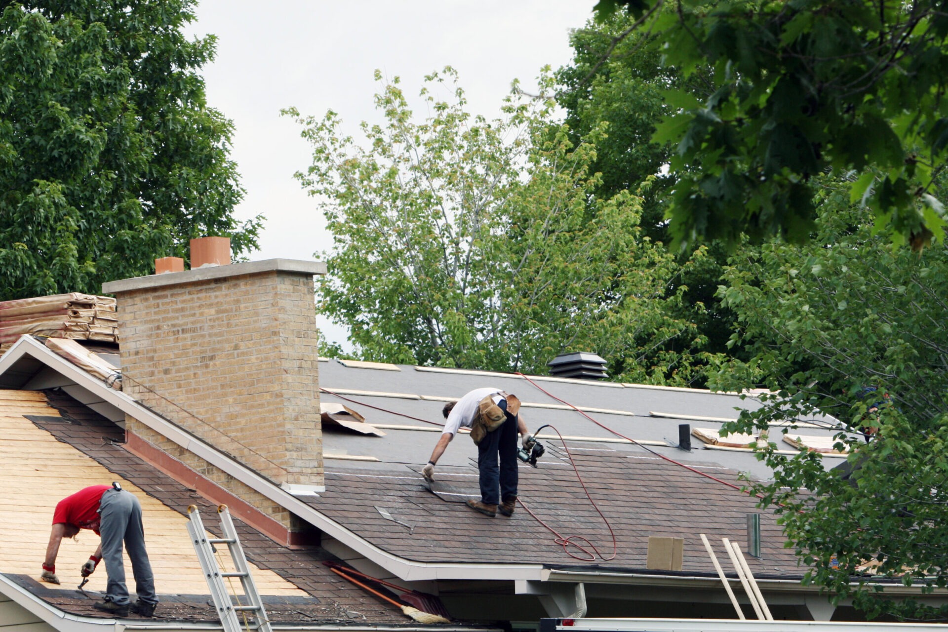 Two people are working on a sloped roof, surrounded by lush green trees, using tools and ladders for repair.
