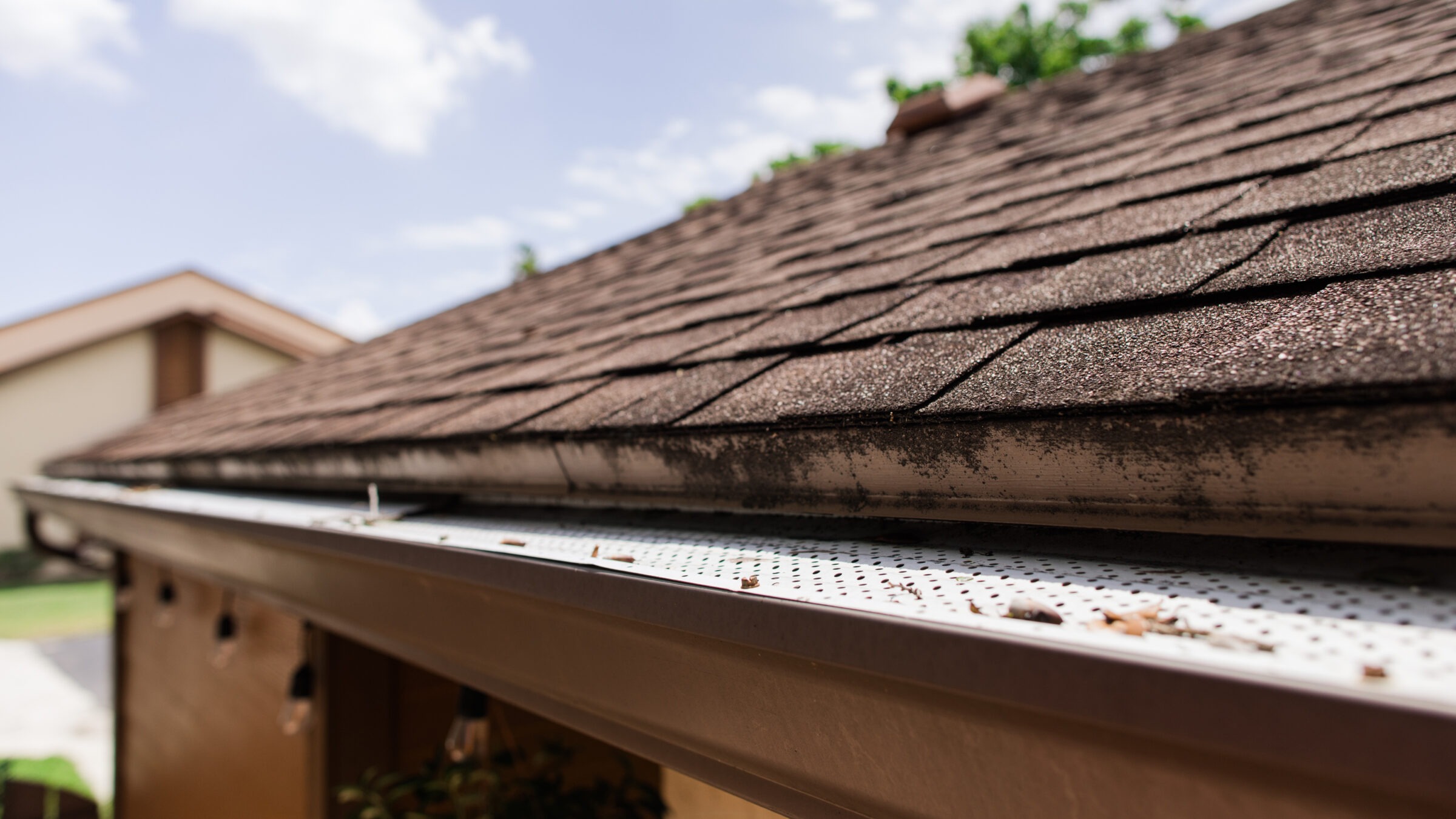 Close-up of a residential roofline showing aged asphalt shingles and a gutter with a white perforated leaf guard, lightly scattered with debris. The gutter edge is streaked with black grime, and the background includes a neighboring house and a partly cloudy sky.