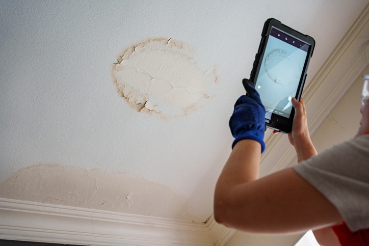 Close-up of a stain on the ceiling, with worker inspecting damages and taking a photo with an iPad